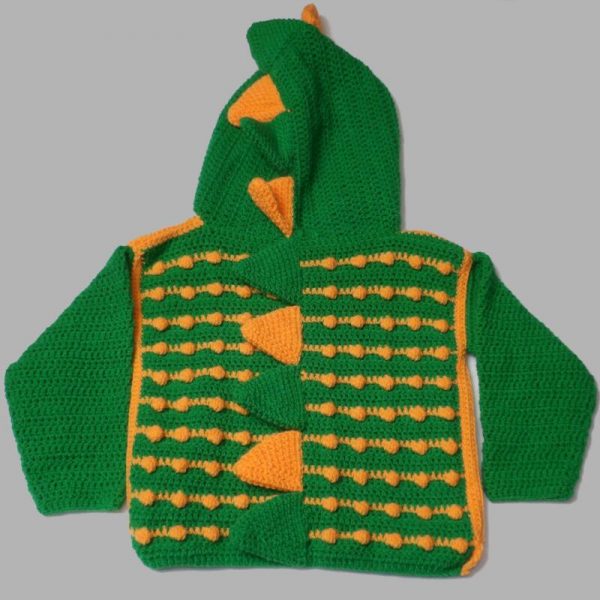Handmade crocheted dinosaur hoodie for  5 - 6 years old. Made to an original design by Lisa.