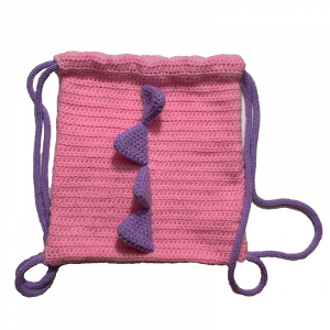 Handmade crocheted dinosaur bag. Made to an original design by Lisa.