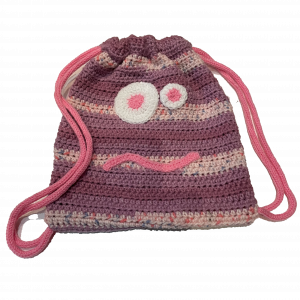 Handmade crocheted monster bag. Made to an original design by Lisa.