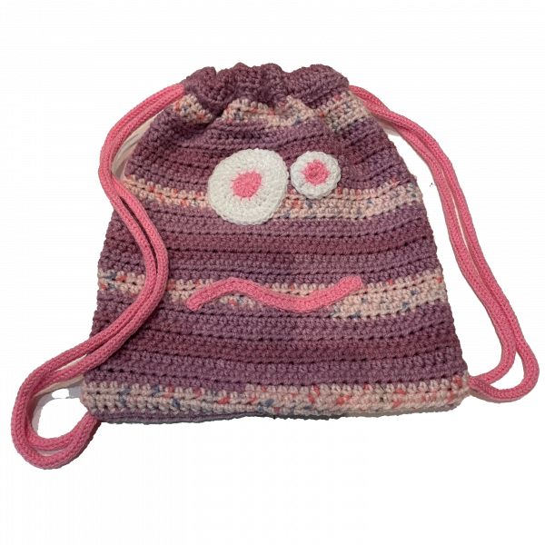 Handmade crocheted monster bag. Made to an original design by Lisa.