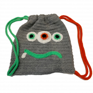 Handmade crocheted monster bag. Made to an original design by Lisa.