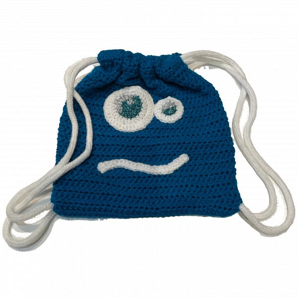 Handmade crocheted monster bag. Made to an original design by Lisa.