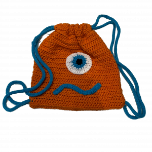 Handmade crocheted monster bag. Made to an original design by Lisa.