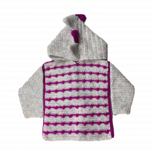 Handmade crocheted dinosaur hoodie for 1 - 2 years old. Made to an original design by Lisa.