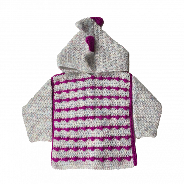 Handmade crocheted dinosaur hoodie for 1 - 2 years old. Made to an original design by Lisa.