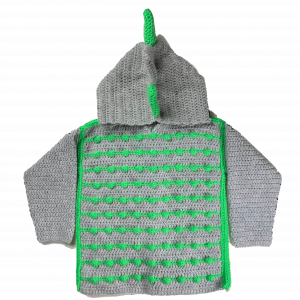 Handmade crocheted dinosaur hoodie for 3 - 4 years old. Made to an original design by Lisa.