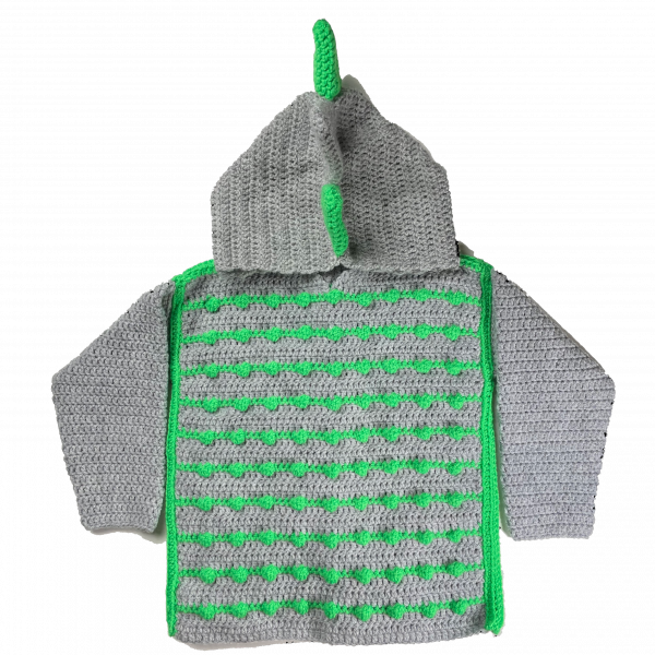 Handmade crocheted dinosaur hoodie for 3 - 4 years old. Made to an original design by Lisa.