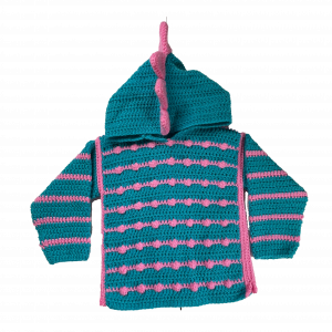 Handmade crocheted dinosaur hoodie for 6 - 12 months old. Made to an original design by Lisa.
