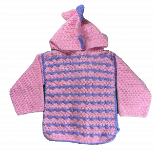Handmade crocheted dinosaur hoodie for 3 - 4 years old. Made to an original design by Lisa.