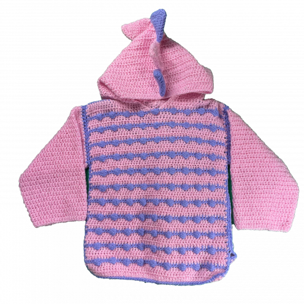 Handmade crocheted dinosaur hoodie for 3 - 4 years old. Made to an original design by Lisa.