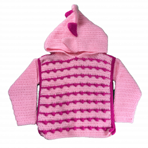 Handmade crocheted dinosaur hoodie for 3 - 4 years old. Made to an original design by Lisa.