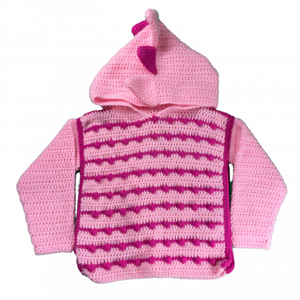 Handmade crocheted dinosaur hoodie for 3 - 4 years old. Made to an original design by Lisa.