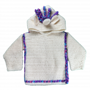 Handmade crocheted unicorn hoodie for 6 - 12 months old. Made to an original design by Lisa.