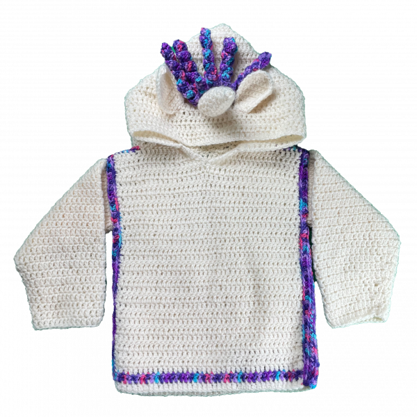 Handmade crocheted unicorn hoodie for 6 - 12 months old. Made to an original design by Lisa.