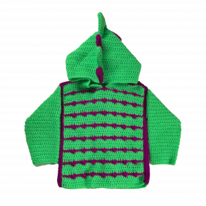 Handmade crocheted dinosaur hoodie for 6 - 12 months old. Made to an original design by Lisa.