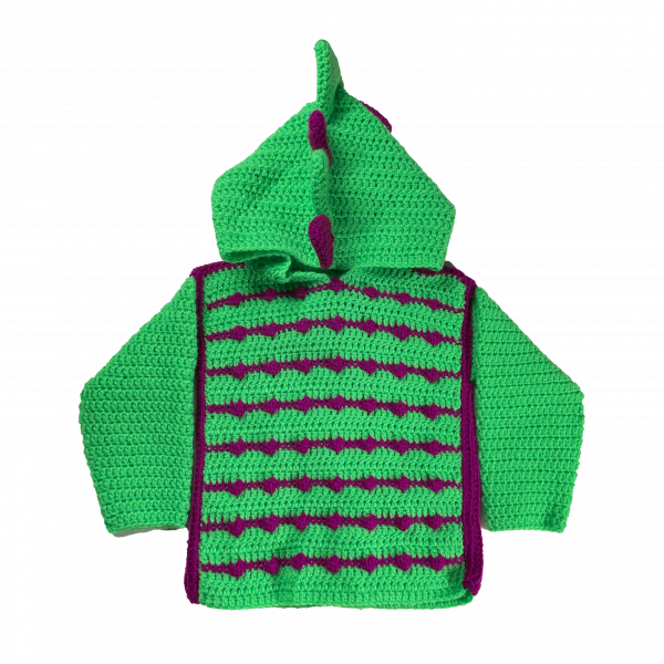 Handmade crocheted dinosaur hoodie for 6 - 12 months old. Made to an original design by Lisa.
