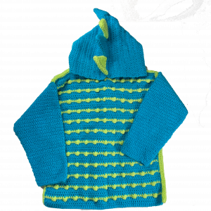 Handmade crocheted dinosaur hoodie for  7 - 8 years old. Made to an original design by Lisa.