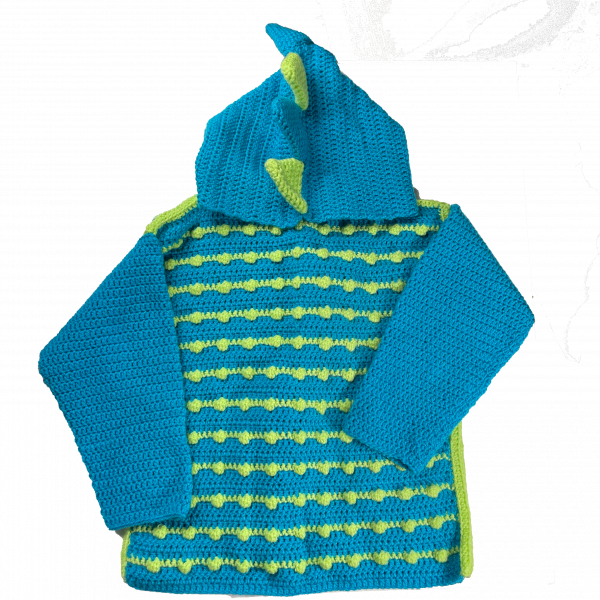 Handmade crocheted dinosaur hoodie for  7 - 8 years old. Made to an original design by Lisa.