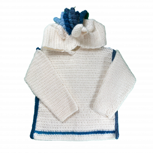 Handmade crocheted unicorn hoodie for 3 - 4 years old. Made to an original design by Lisa.