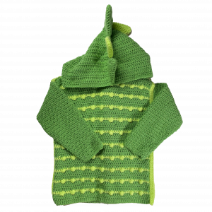 Handmade crocheted dinosaur hoodie for  5 - 6 years old. Made to an original design by Lisa.