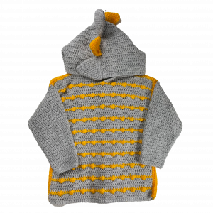 Handmade crocheted dinosaur hoodie for 3 - 4 years old. Made to an original design by Lisa.