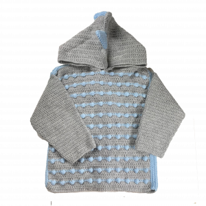 Handmade crocheted dinosaur hoodie for  5 - 6 years old. Made to an original design by Lisa.