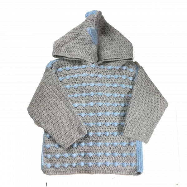 Handmade crocheted dinosaur hoodie for  5 - 6 years old. Made to an original design by Lisa.