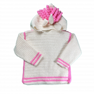 Handmade crocheted unicorn hoodie for 3 - 4 years old. Made to an original design by Lisa.