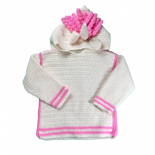 Handmade crocheted unicorn hoodie for 3 - 4 years old. Made to an original design by Lisa.