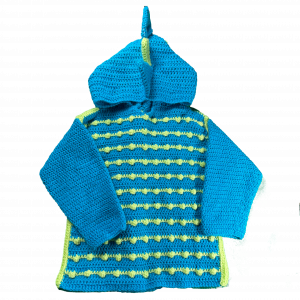 Handmade crocheted dinosaur hoodie for  5 - 6 years old. Made to an original design by Lisa.