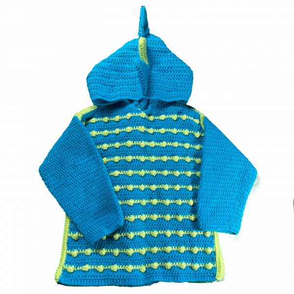 Handmade crocheted dinosaur hoodie for  5 - 6 years old. Made to an original design by Lisa.