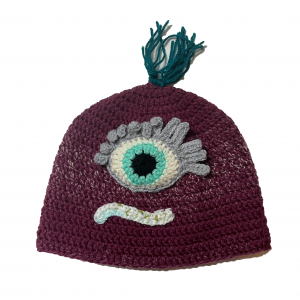Handmade crocheted monster hat for adult L. Made to an original design by Lisa.