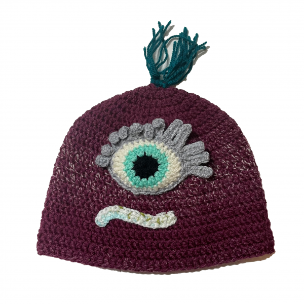 Handmade crocheted monster hat for adult L. Made to an original design by Lisa.