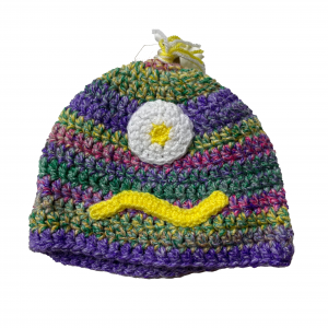 Handmade crocheted monster hat for 3 - 10 year old. Made to an original design by Lisa.