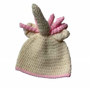 Handmade crocheted unicorn hat for 6 - 12 months. Made to an original design by Lisa.
