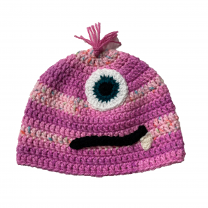 Handmade crocheted monster hat for 3 - 10 year old. Made to an original design by Lisa.