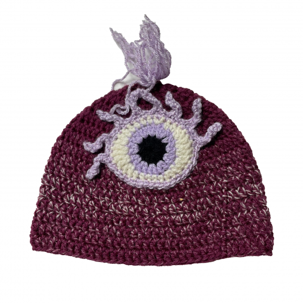 Handmade crocheted monster hat for 3 - 10 year old. Made to an original design by Lisa.