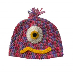 Handmade crocheted monster hat for 6 - 12 months. Made to an original design by Lisa.