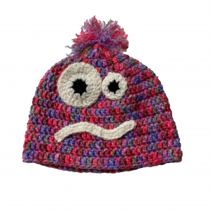 Handmade crocheted monster hat for 6 - 12 months. Made to an original design by Lisa.