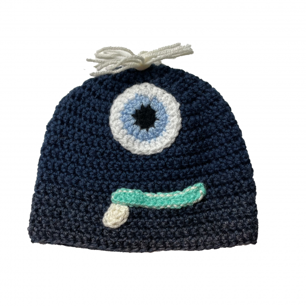 Handmade crocheted monster hat for 6 - 12 months. Made to an original design by Lisa.