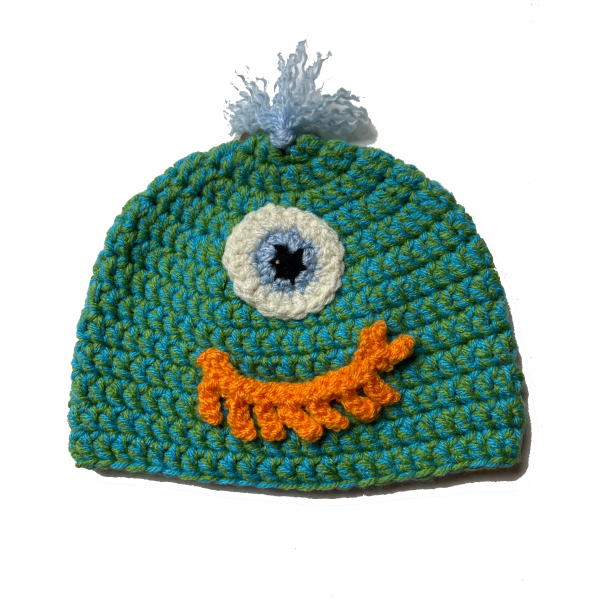 Handmade crocheted monster hat for 6 - 12 months. Made to an original design by Lisa.