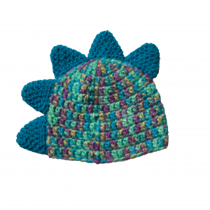 Handmade crocheted dinosaur hat for 0 - 6 months. Made to an original design by Lisa.