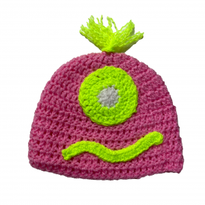 Handmade crocheted monster hat for 0 - 6 months. Made to an original design by Lisa.