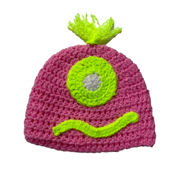 Handmade crocheted monster hat for 0 - 6 months. Made to an original design by Lisa.