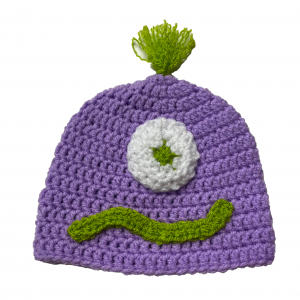 Handmade crocheted monster hat for 0 - 6 months. Made to an original design by Lisa.