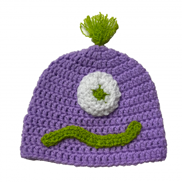 Handmade crocheted monster hat for 0 - 6 months. Made to an original design by Lisa.