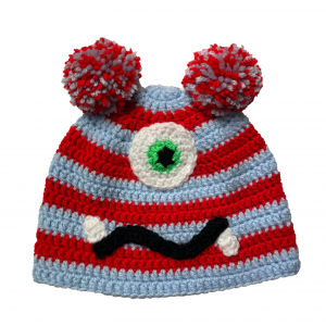 Handmade crocheted monster hat for 6 - 12 months. Made to an original design by Lisa.