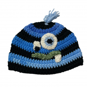 Handmade crocheted monster hat for 6 - 12 months. Made to an original design by Lisa.