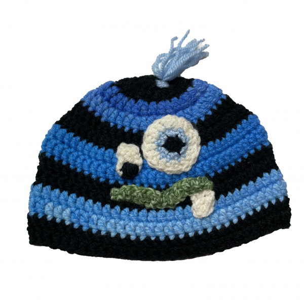 Handmade crocheted monster hat for 6 - 12 months. Made to an original design by Lisa.