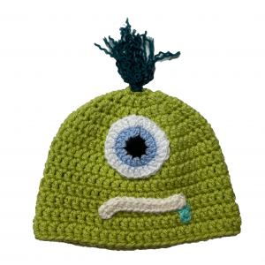 Handmade crocheted monster hat for 6 - 12 months. Made to an original design by Lisa.